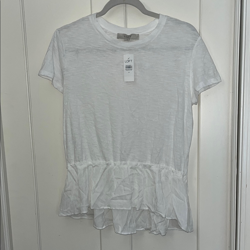 NWT LOFT White cotton Short Sleeve Ruffle Top, medium